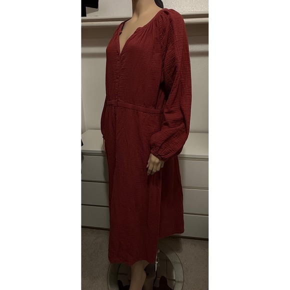 Pact Organic Cotton Gauze Button Front Maxi Dress XL Rust Red Long Sleeve Pocket - Picture 3 of 14